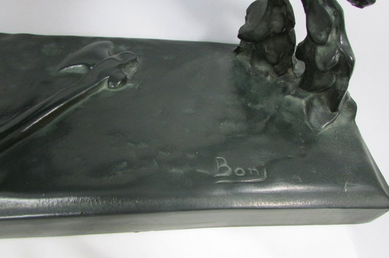 Image 1 of Plaster sculpture with a green bronze patina, signed BON