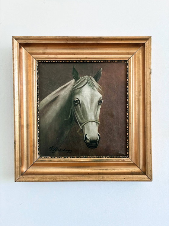 Origineel vintage olieverfschilderij van een wit paard, gesigneerd ruiterportret – Schilderijen & Tekeningen (photo 19 of 19)