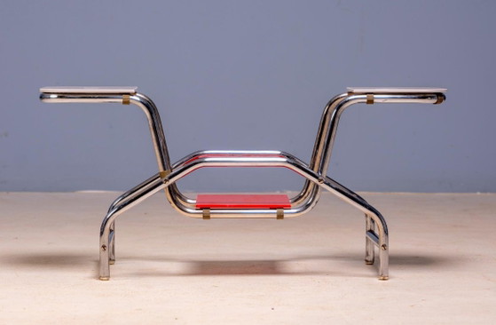 Image 1 of Bauhaus Tubular Steel Flower Stand with Colored Glass Shelves, 1930s, Czechoslovakia, 85 × 30 × 40 cm