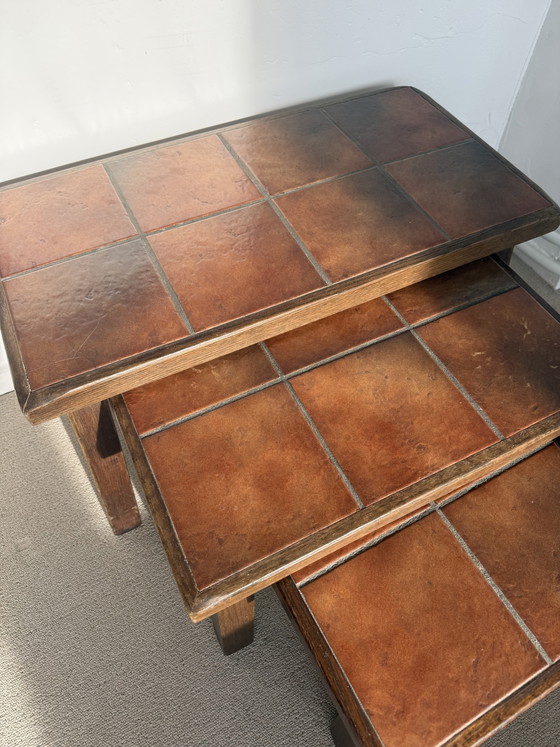 Vintage set of 3 ceramic tile tables – retro design – 1970s – Side tables, Wood, Stone (photo 3 of 8)
