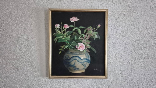 Original oil painting by Yin Yong Chun (1994) – Roses in a dragon vase