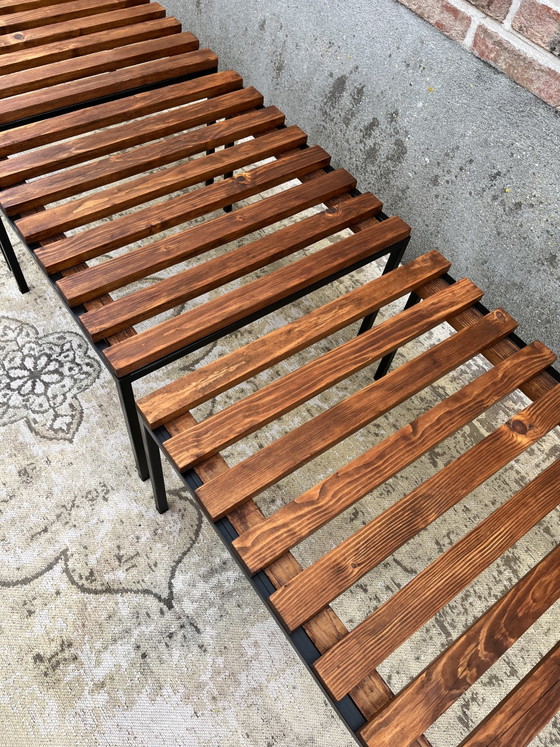Unique set of three vintage mid-century MCM slat benches – Side tables, Wood, Metal (photo 7 of 11)