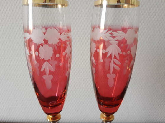 Image 1 of Set vintage kristallen Janus champagneglazen flutes met bladgoud
