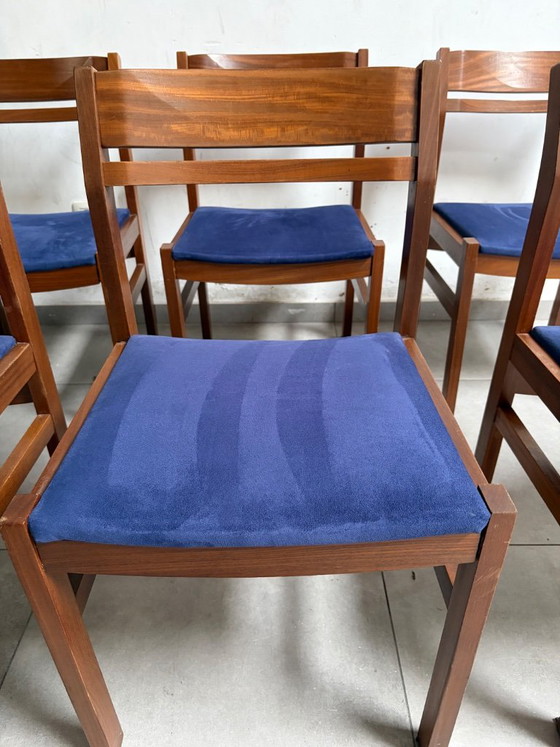 Esszimmerstühle aus Holz mit blauer Sitzfläche, Mid -century, Stoff, Braun, Mid Century Modern (Foto 2 von 5)