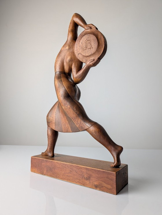 Image 1 of Art Deco Carved Wood Sculpture by Jens Jacob Bregnø, Denmark, 1900s, Signed