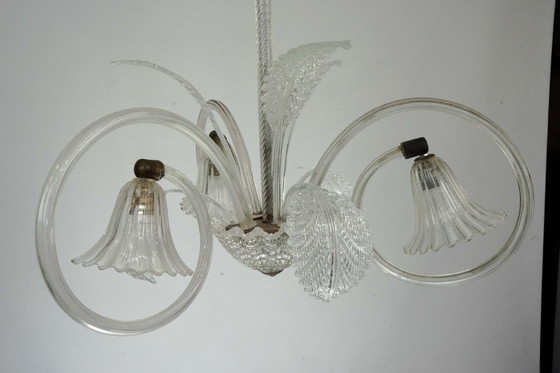 Image 1 of Art Deco Murano Glass Three-Arm Chandelier, Italy, 1940s