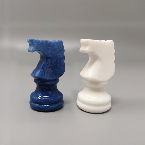 Image 1 of 1970s Elegant Blue and White Chess Set in Volterra Alabaster Handmade. Made in Italy