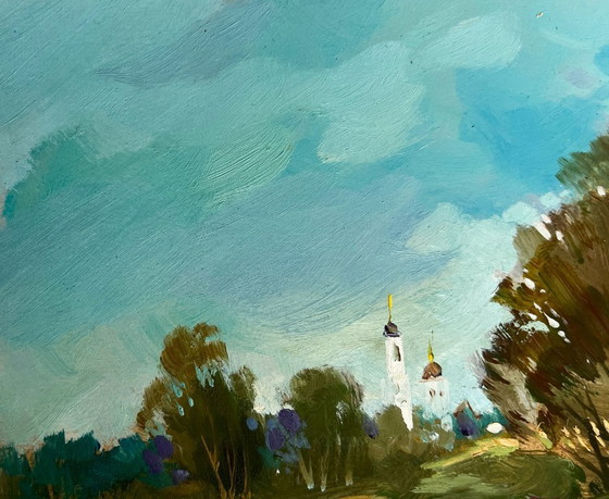 Image 1 of Original Oil Painting Summer Coastal Landscape There is a lake behind the village