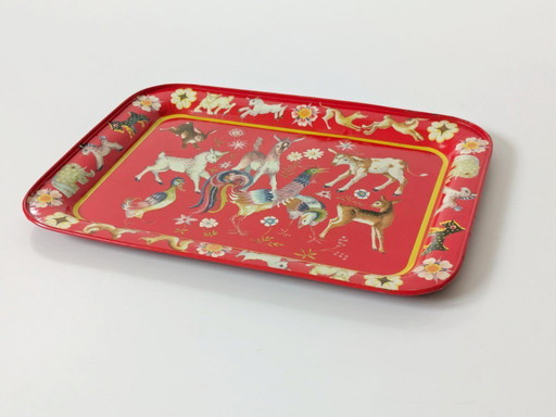 Vassoio in metallo rosso di metà secolo | Stile folk scandinavo | Decorazioni natalizie
