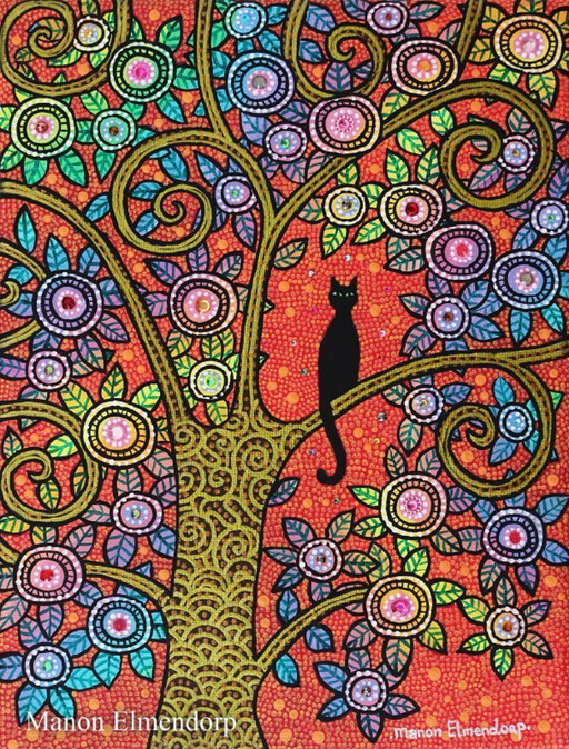 Unique Hand-Painted Small Painting Cat in Tree New