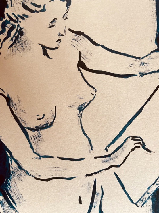 Image 1 of Indigo Blue Ink Painting "Female Model Drawing in the Painter's Studio"