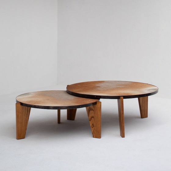 Image 1 of Set of Cowhide Coffee Tables with Wood Base