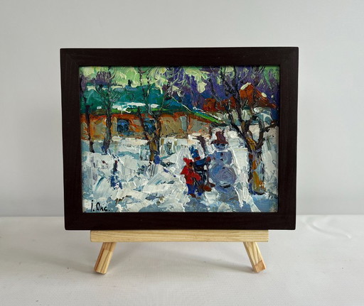 Original Oil Painting Winter Landscape Children are making a snowman