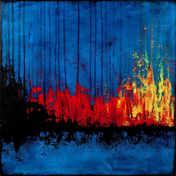 Image 1 of Contemporary abstract artwork in blue, red,black, yelow on stretched canvas