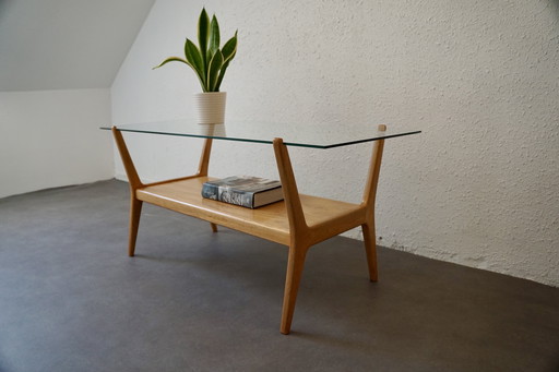 Table basse de style Mid-Century, avec un nouveau plateau en verre