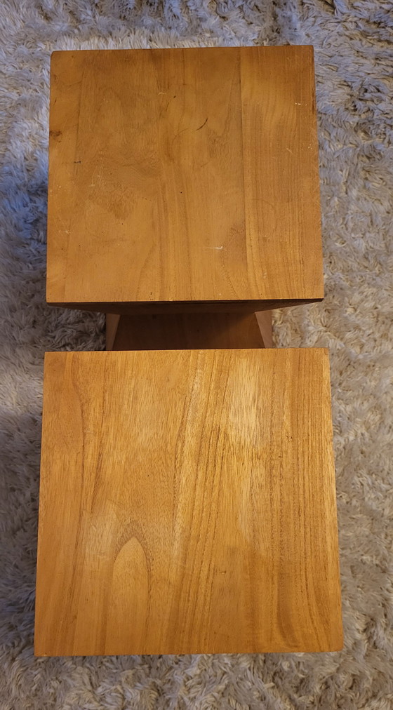 Image 1 of Ensemble géométrique de tables et tabourets en bois des années 70.