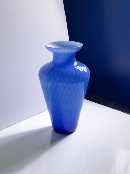 Vintage Murano vase, 1960s, cobalt blue, waffle technique, mid-century, milk glass, Opalina, Italy
