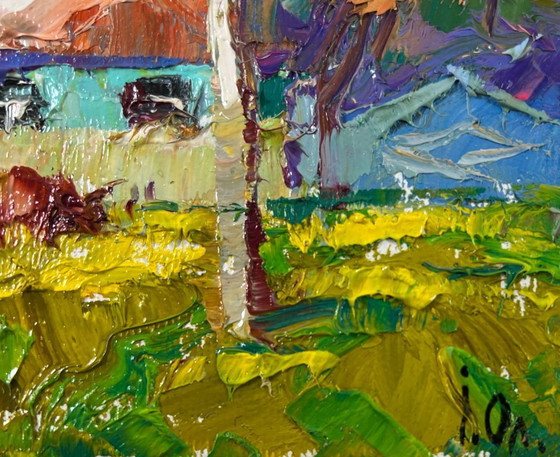 Image 1 of Original Oil Painting Summer Village Landscape The herd returns