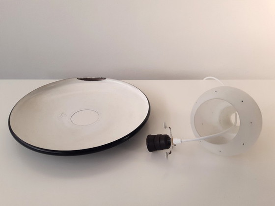 Image 1 of Vintage milk glass UFO-shaped pendant lamp with metal saucer, mcm lamp