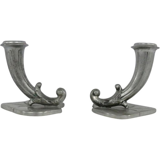 Paire de bougeoirs en étain art déco vintage par Gab, 1930