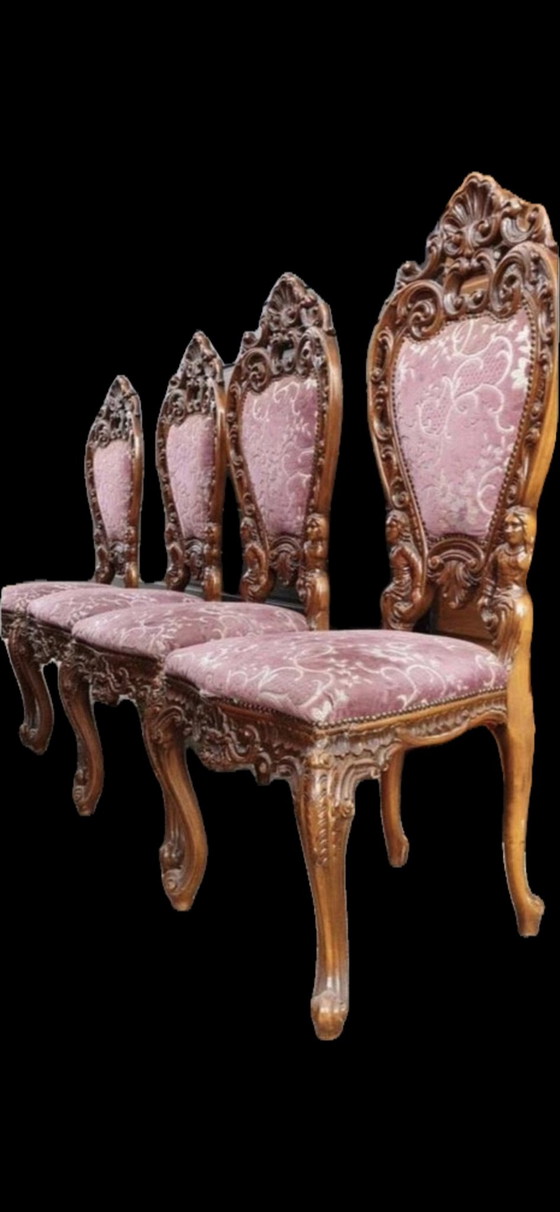 4 sedie da pranzo barocche, Tessile, Legno, Marrone (foto 2 di 5)