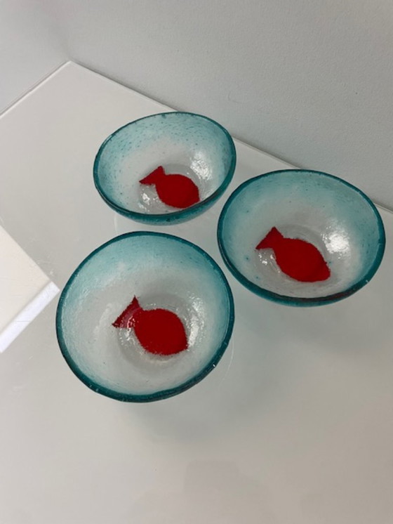 Image 1 of Set aus 3 handgefertigten Glasschalen mit Fischmotiv