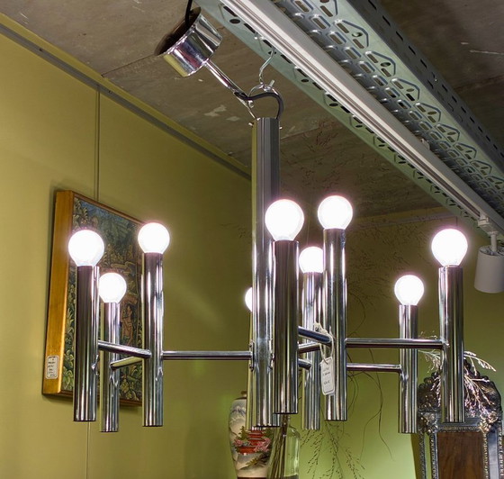 Lustre vintage chromé à 3 triple bras de lumière, attribué à Gaetano Sciolari – Metal, Chrome (photo 7 of 7)