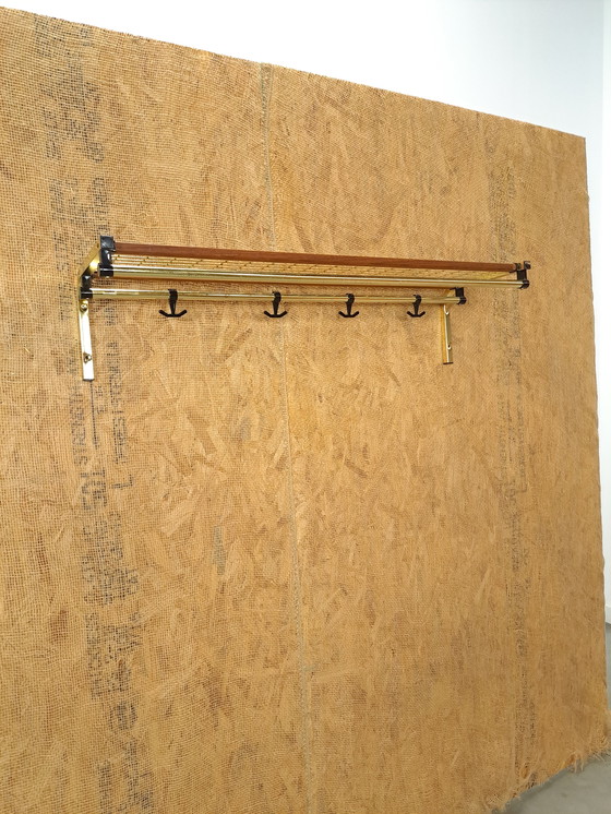 Image 1 of Coat Stand Habo From Sweden Gold Color With Teak And Shelf No. 2