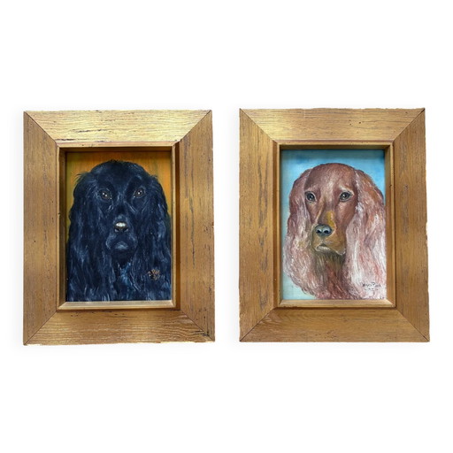 Ensemble de peintures à l'huile originales vintage de portraits de chiens
