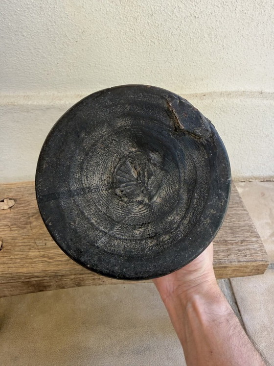 Image 1 of Set of 3 Nepalese Indian pots, carved black wood, tribal & wabi-sabi style