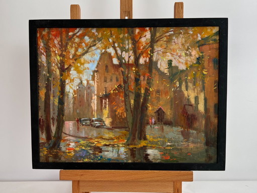 Original Oil Painting Autumn City Landscape Streets in autumn leaves