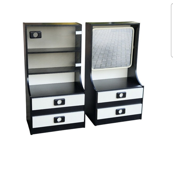 Set Vintage Space Age Nightstands 70s Nightstand Wall Cabinet – Metal, Wood (photo 2 of 14)