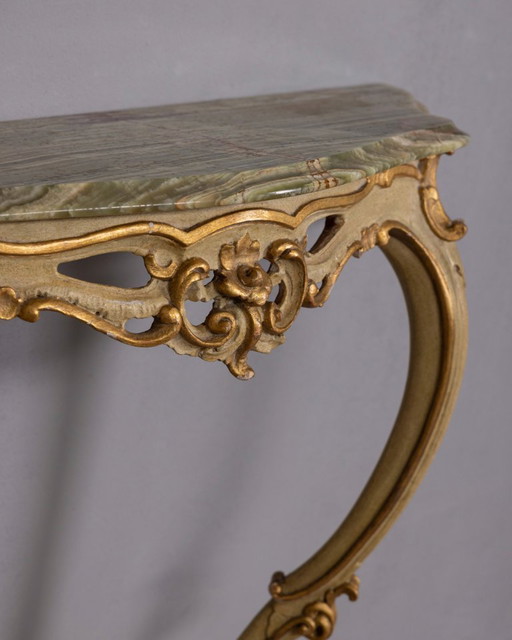 BAROQUE STYLE WALL CONSOLE IN GILDED WOOD AND ONYX, EARLY 20TH CENTURY