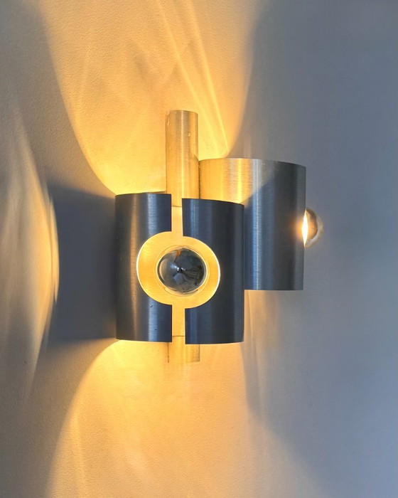 Paar vintage dubbele wandlampen van geborsteld metaal, Frankrijk 1970 – Aluminium (photo 7 of 7)