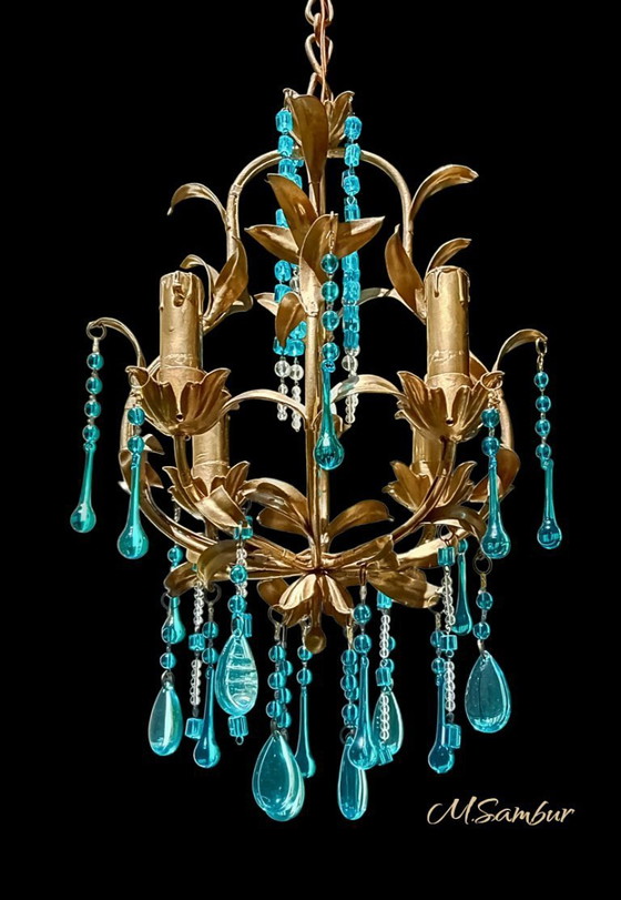 Image 1 of Lustre vintage en or et turquoise.