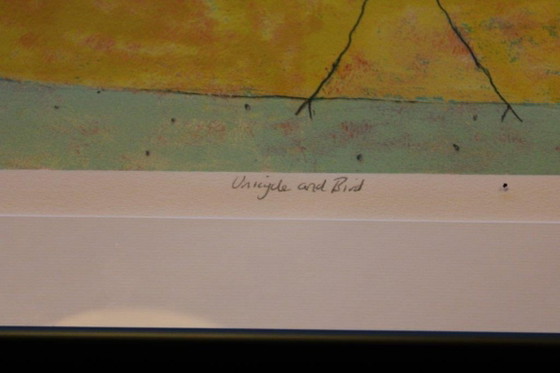 Unicycle and bird, signed, screen print Annora Spence, framed 195/295, Lithographs & prints, Glass (photo 4 of 11)