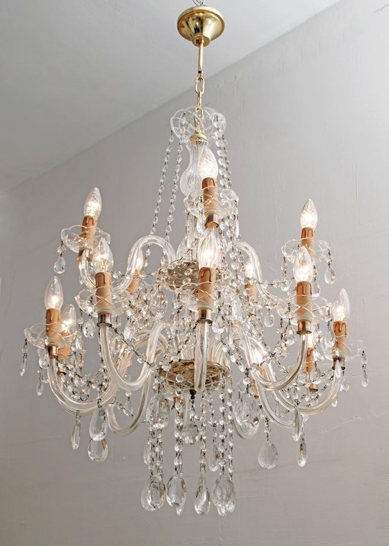 Image 1 of Lustre italien à 15 lumières en cristal Maria Theresa, moderne du milieu du siècle dernier, années 1950
