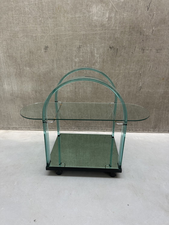 Image 1 of Curved green glass bar cart by FIAM - Italy - 1980s