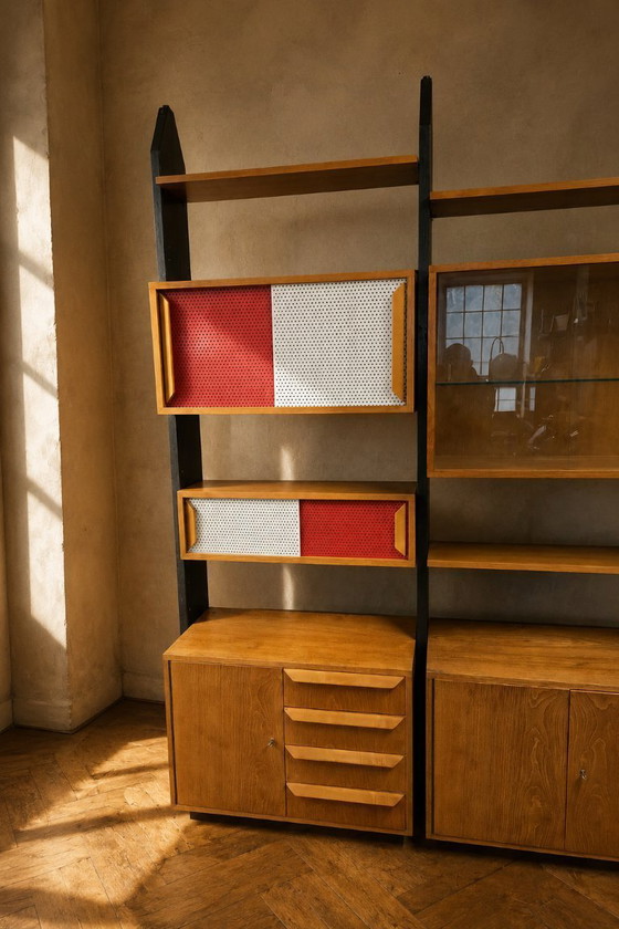 Image 1 of Vintage Czechoslovak Modular Wall Unit with Veneer Cabinets and Black Wooden Supports, 1960s–1970s
