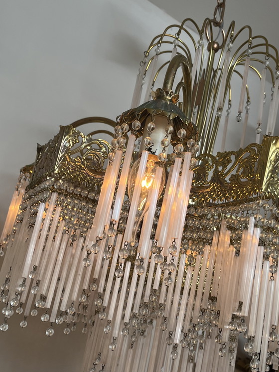 Image 1 of Vintage xl pink opaline rod chandelier pendant lamp art deco style