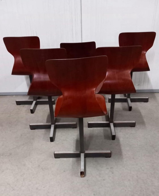 Image 1 of Set van 6 Pagholz stoelen in mid-century modern stijl, met gevormde multiplex zittingen en stalen onderstel, jaren 60.