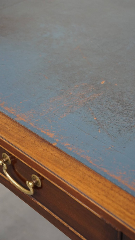 Image 1 of Writing table and a blue cowhide leather chesterfield office chair