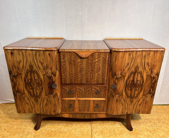 Image 1 of Art Deco Vintage Brocante Burr Walnut Cocktail Sideboard Bar 1930