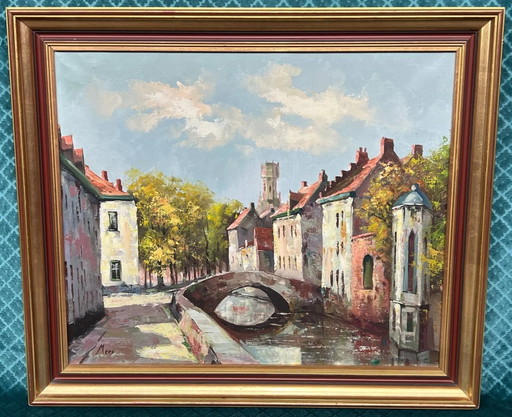 Landscape signed "View of Bruges." Oil on canvas. Signed Mees. – schilderijen tekeningen, Vintage (photo 2 of 6)