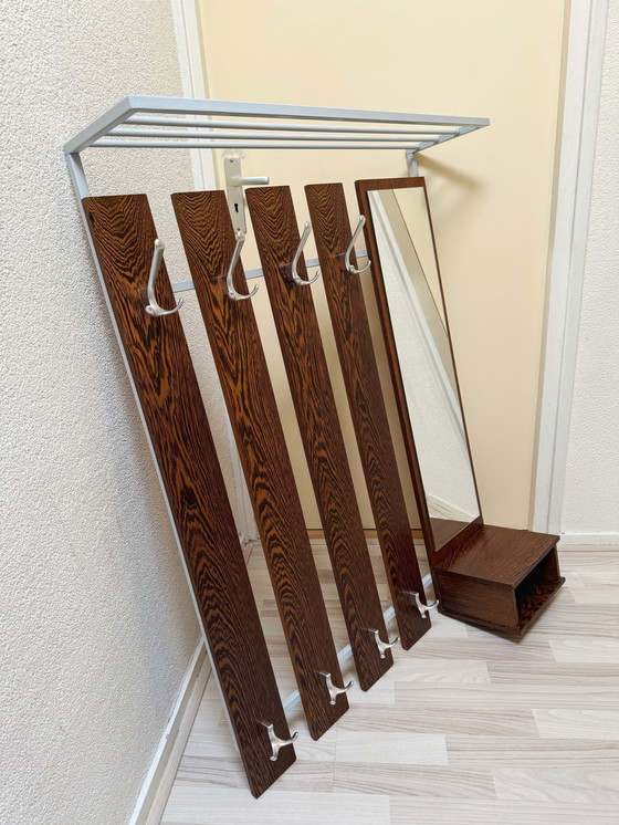 Image 1 of Vintage Retro Wooden Coat Rack with 24 Hooks, Mirror and Storage