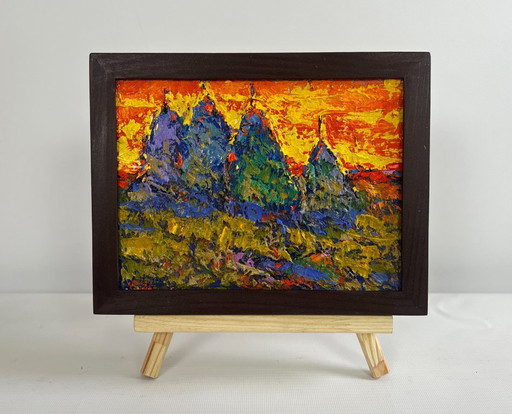 Original Oil Painting Sunset Field Landscape Crimson sunset in the field