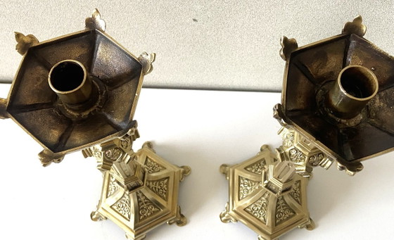 Image 1 of Pair of Antique Neo-Gothic Gilt Bronze Candlesticks