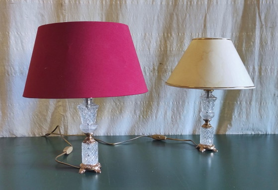 Image 1 of Pieds de lampe à poser en verre et métal doré - mid. XXeme