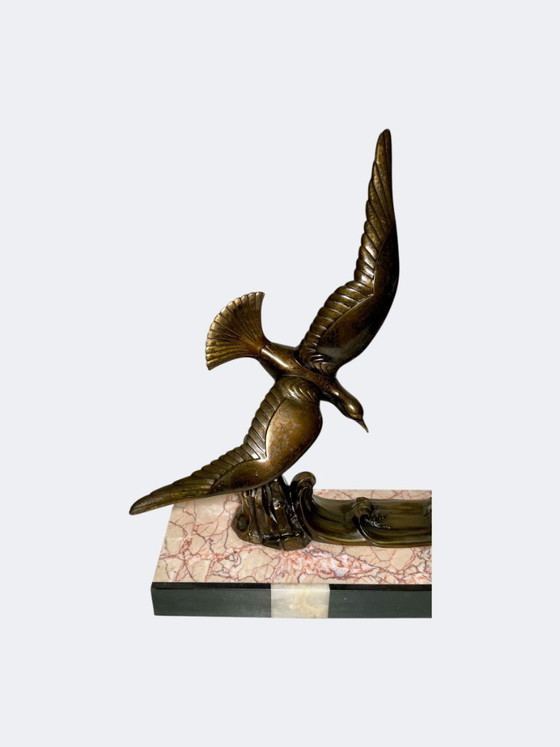 Image 1 of Art Deco Flight of Seagulls Spelter Statue - French Flying Sea Birds Patinated Cast Metal Figures on Marble Base 