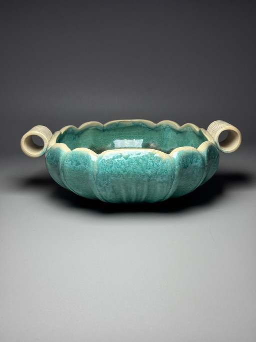 Faïenceries de Thulin – Art Deco Turquoise Ceramic Centrepiece with Drip Glaze – Belgium, circa 1930s